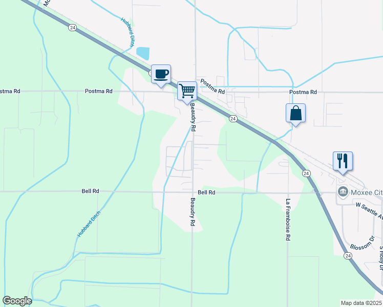 map of restaurants, bars, coffee shops, grocery stores, and more near 2801 Beaudry Rd in Moxee