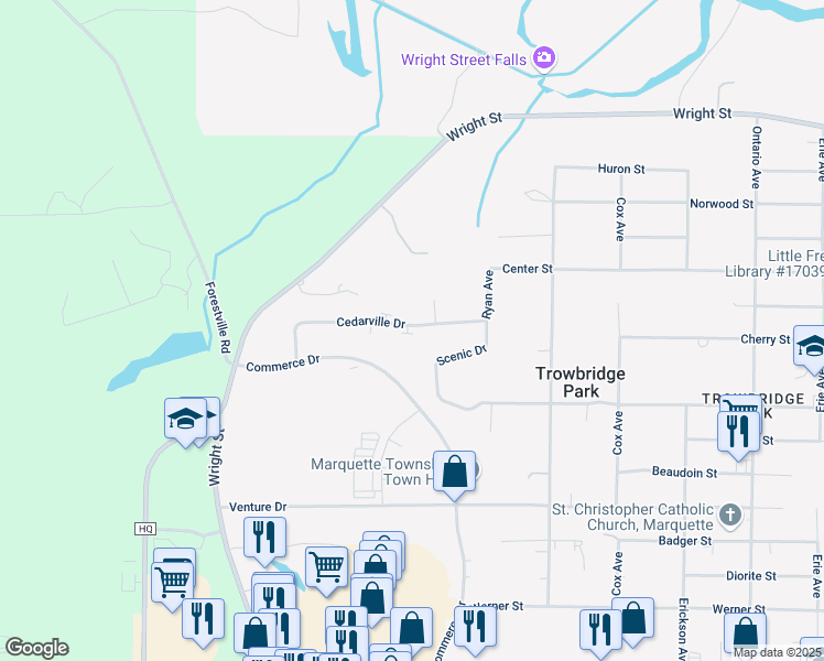 map of restaurants, bars, coffee shops, grocery stores, and more near 2732 Scenic Drive in Marquette