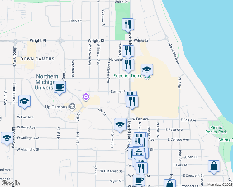 map of restaurants, bars, coffee shops, grocery stores, and more near 1530 Fitch Avenue in Marquette