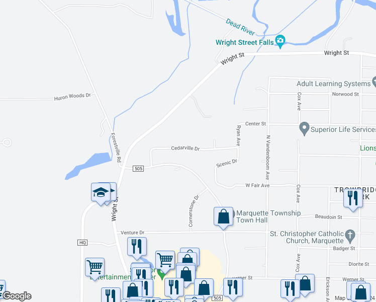 map of restaurants, bars, coffee shops, grocery stores, and more near 2873 Cedarville Drive in Marquette