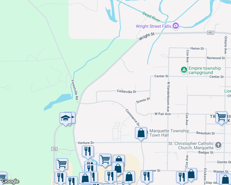 map of restaurants, bars, coffee shops, grocery stores, and more near 2912 Cedarville Drive in Marquette