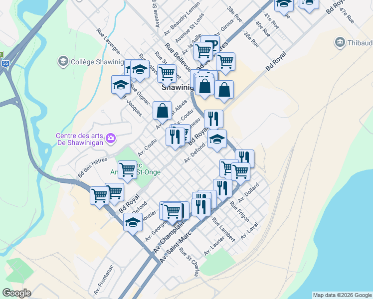 map of restaurants, bars, coffee shops, grocery stores, and more near 1384 Rue Frigon in Shawinigan