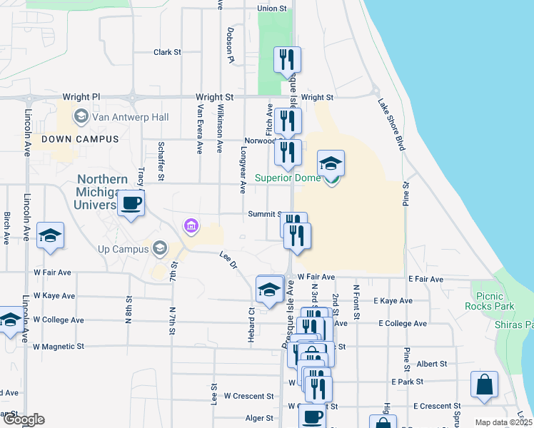 map of restaurants, bars, coffee shops, grocery stores, and more near 1600 Fitch Avenue in Marquette