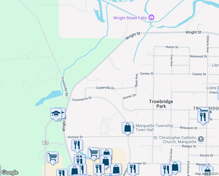 map of restaurants, bars, coffee shops, grocery stores, and more near Cedarville Drive in Marquette