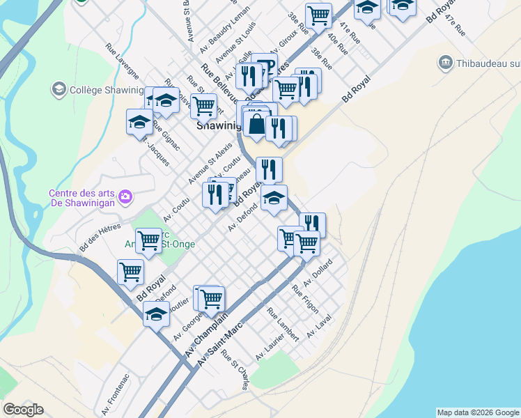 map of restaurants, bars, coffee shops, grocery stores, and more near 2654 Avenue Defond in Shawinigan