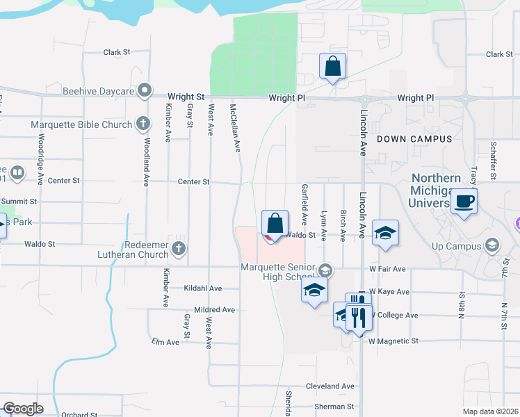 map of restaurants, bars, coffee shops, grocery stores, and more near 1-27 West Elder Drive in Marquette