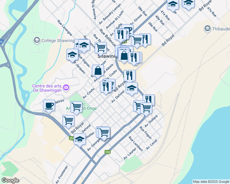 map of restaurants, bars, coffee shops, grocery stores, and more near 2564 Boulevard Royal in Shawinigan