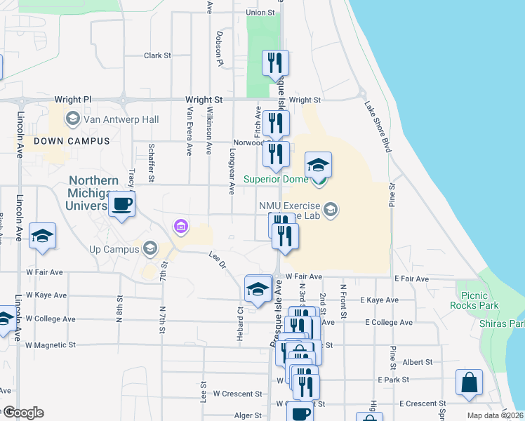 map of restaurants, bars, coffee shops, grocery stores, and more near 1600-1698 Fitch Avenue in Marquette