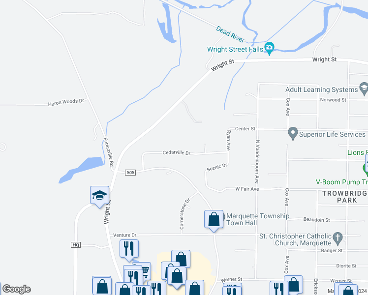map of restaurants, bars, coffee shops, grocery stores, and more near 2864 Cedarville Drive in Marquette