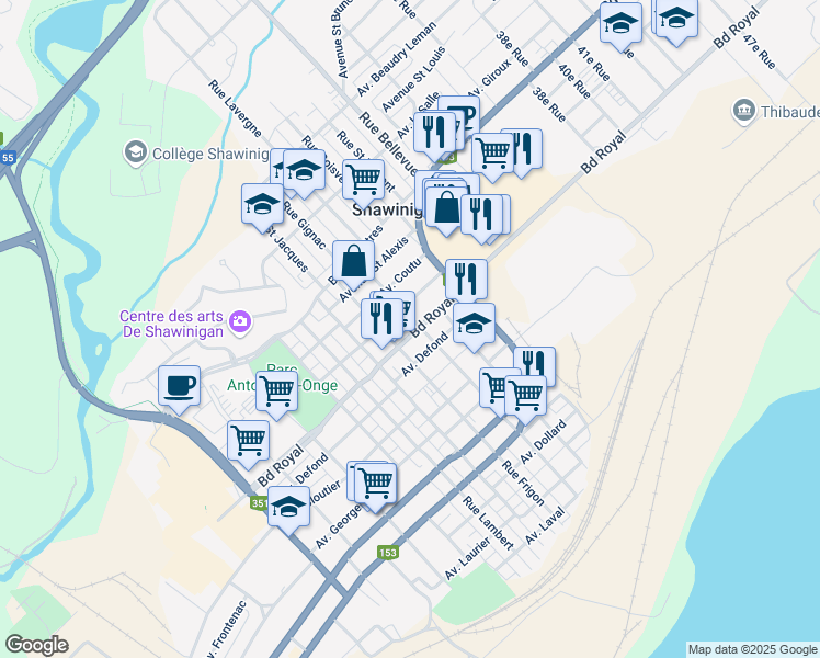 map of restaurants, bars, coffee shops, grocery stores, and more near 2577 Boulevard Royal in Shawinigan