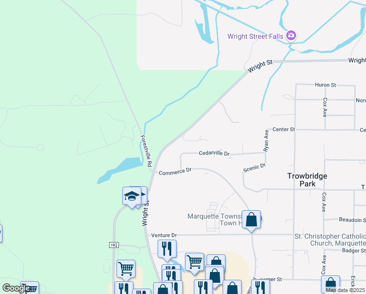 map of restaurants, bars, coffee shops, grocery stores, and more near 2982 Cedarville Drive in Marquette