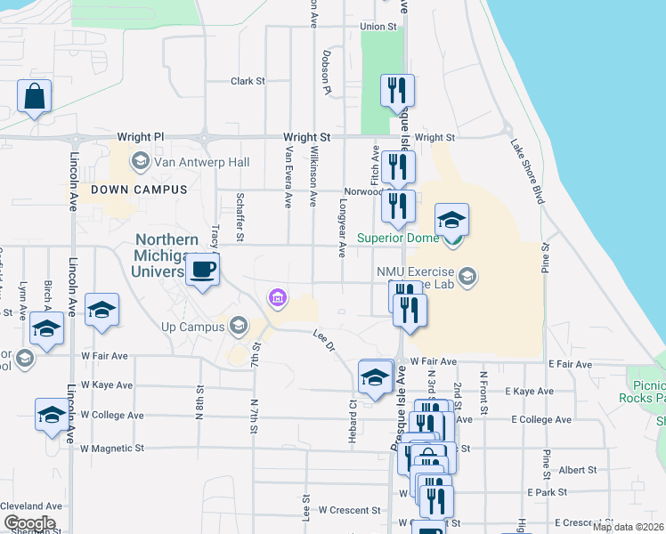 map of restaurants, bars, coffee shops, grocery stores, and more near 1600-1698 Longyear Ave in Marquette