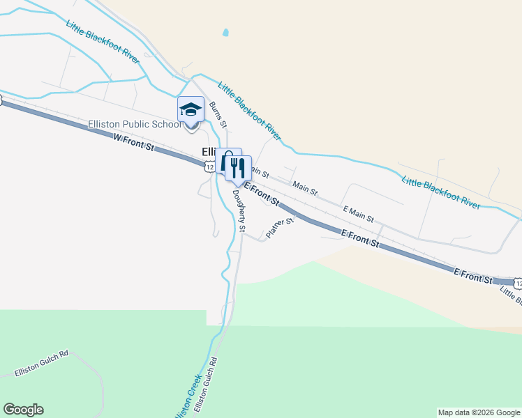 map of restaurants, bars, coffee shops, grocery stores, and more near 2 West Front Street in Elliston