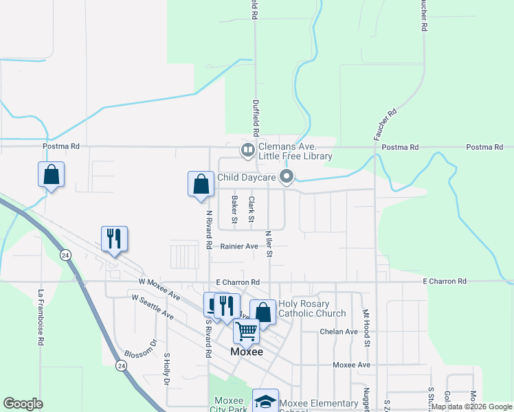 map of restaurants, bars, coffee shops, grocery stores, and more near 511 Clark St in Moxee