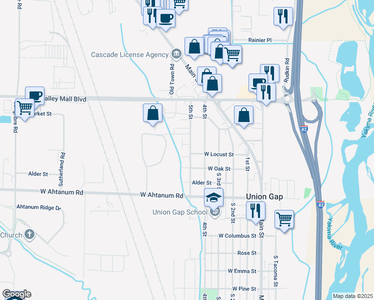 map of restaurants, bars, coffee shops, grocery stores, and more near 2722 5th Street in Union Gap