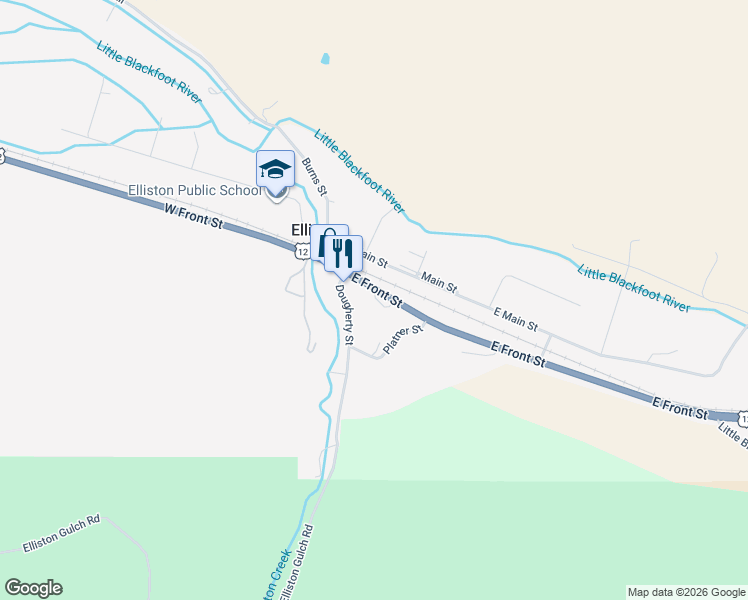 map of restaurants, bars, coffee shops, grocery stores, and more near 2 West Front Street in Elliston