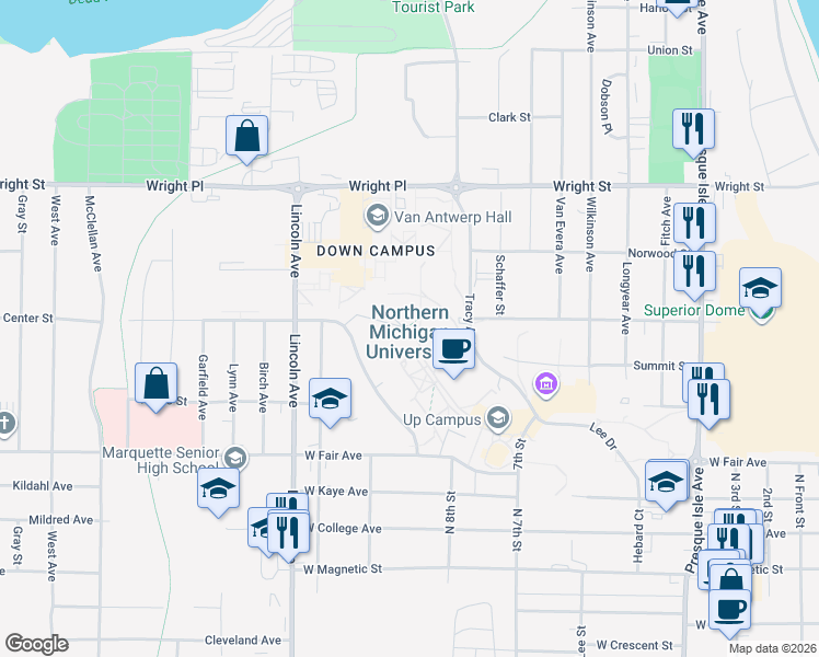 map of restaurants, bars, coffee shops, grocery stores, and more near 1401 Presque Isle Avenue in Marquette