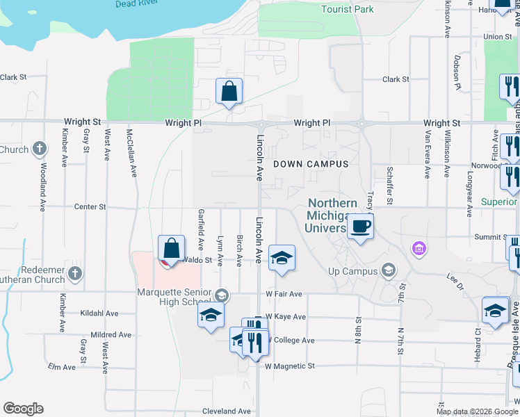 map of restaurants, bars, coffee shops, grocery stores, and more near 1599 Lincoln Avenue in Marquette