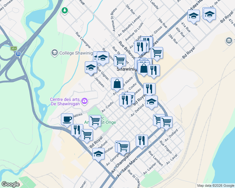 map of restaurants, bars, coffee shops, grocery stores, and more near 1660 Rue Frigon in Shawinigan