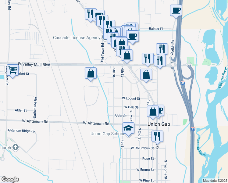 map of restaurants, bars, coffee shops, grocery stores, and more near 2722 5th Street in Union Gap