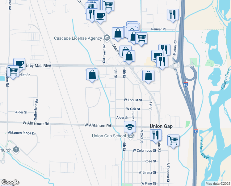 map of restaurants, bars, coffee shops, grocery stores, and more near 2722 5th Street in Union Gap