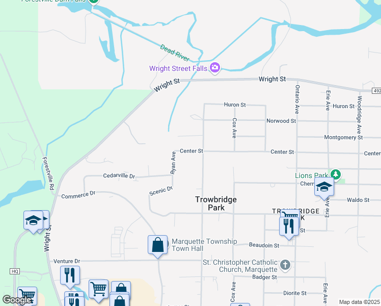 map of restaurants, bars, coffee shops, grocery stores, and more near 2701 Center Street in Marquette