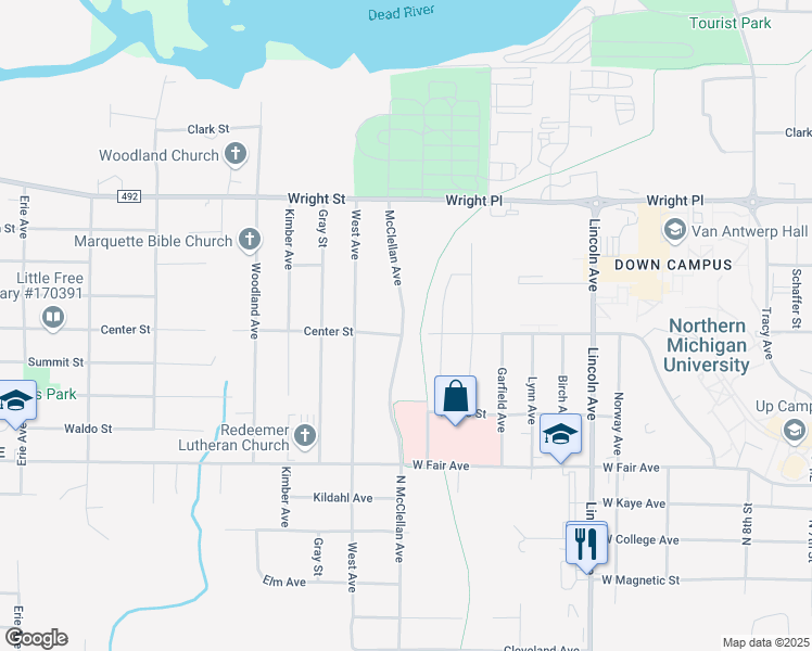 map of restaurants, bars, coffee shops, grocery stores, and more near 1600 Center Street in Marquette