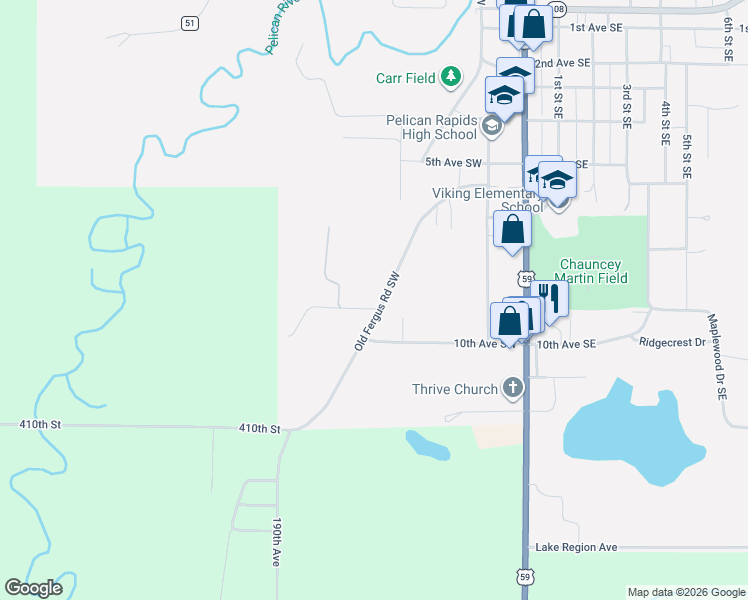 map of restaurants, bars, coffee shops, grocery stores, and more near 912 Old Fergus Road Southwest in Pelican Rapids