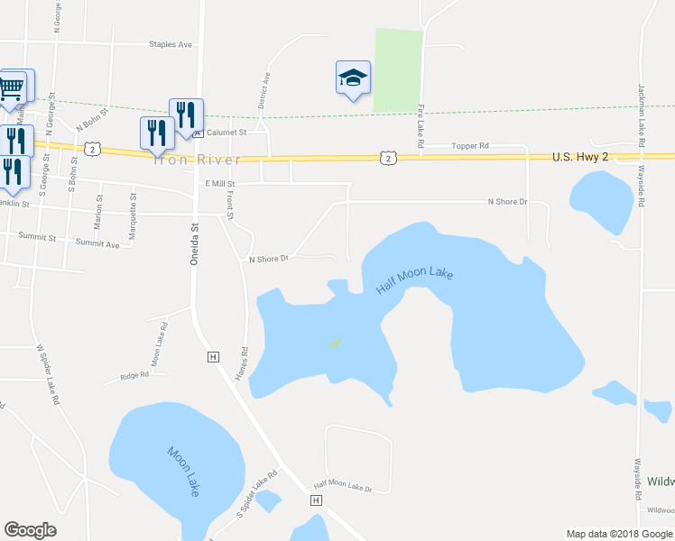 map of restaurants, bars, coffee shops, grocery stores, and more near 8335 Half Moon Drive in Iron River