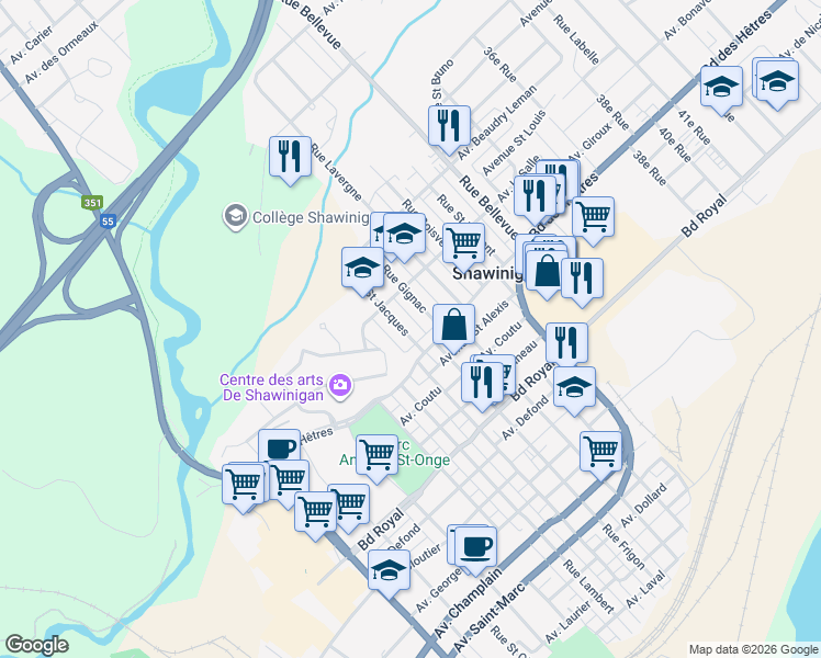 map of restaurants, bars, coffee shops, grocery stores, and more near 1874 Rue Saint Jacques in Shawinigan
