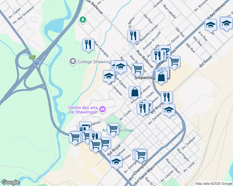 map of restaurants, bars, coffee shops, grocery stores, and more near 1945 Rue Saint-Jacques in Shawinigan