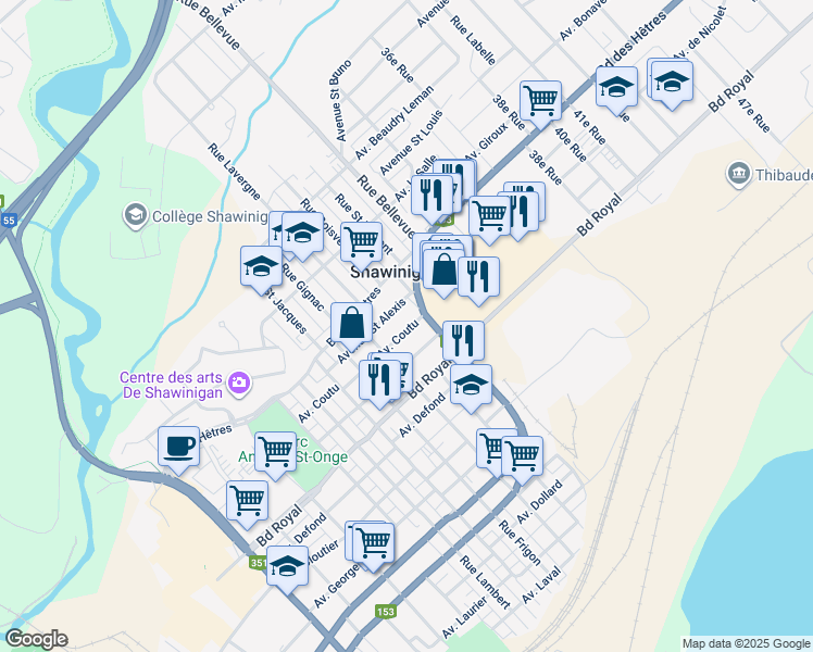 map of restaurants, bars, coffee shops, grocery stores, and more near 2725 Avenue Coutu in Shawinigan