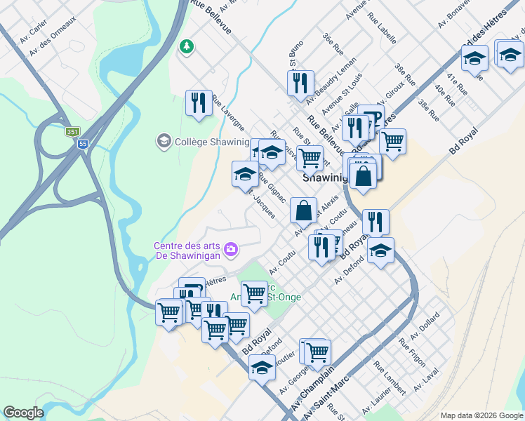 map of restaurants, bars, coffee shops, grocery stores, and more near 1945 Rue Saint-Jacques in Shawinigan