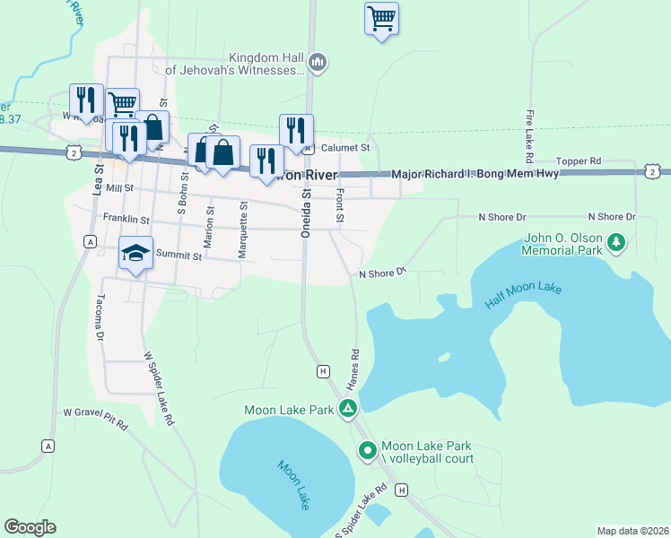 map of restaurants, bars, coffee shops, grocery stores, and more near 68075 Hanes Road in Iron River