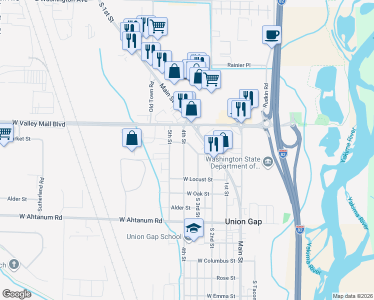 map of restaurants, bars, coffee shops, grocery stores, and more near 2701 4th Street in Union Gap