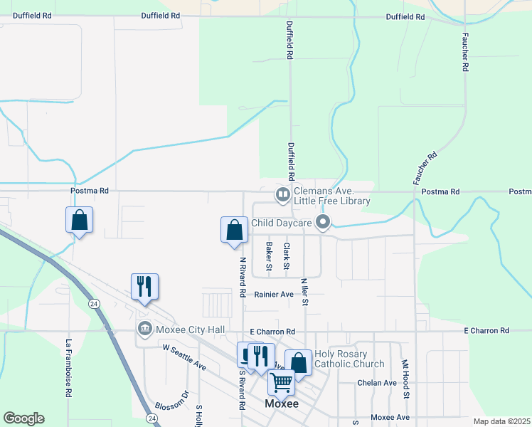 map of restaurants, bars, coffee shops, grocery stores, and more near 105 Darland Avenue in Moxee