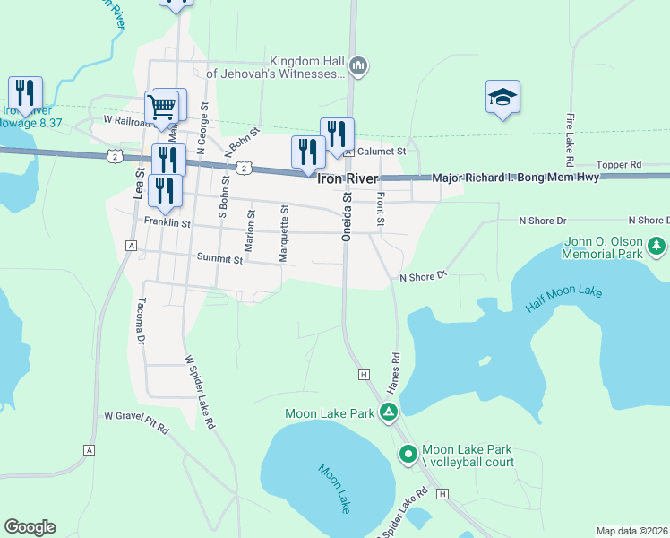 map of restaurants, bars, coffee shops, grocery stores, and more near 68095 County Highway H in Iron River