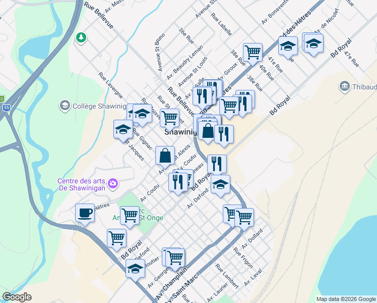 map of restaurants, bars, coffee shops, grocery stores, and more near 2748 Avenue Saint Alexis in Shawinigan