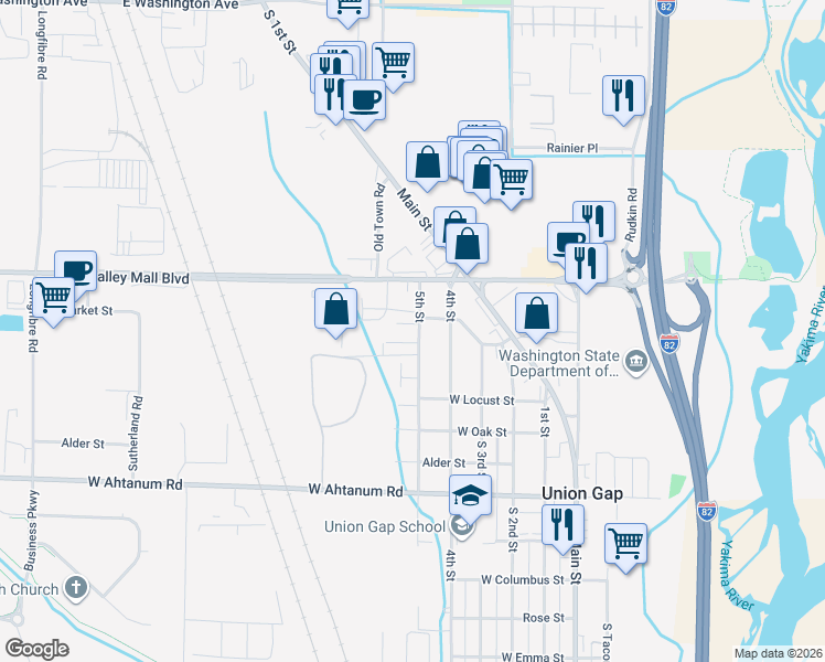 map of restaurants, bars, coffee shops, grocery stores, and more near 2744-2752 5th Street in Union Gap