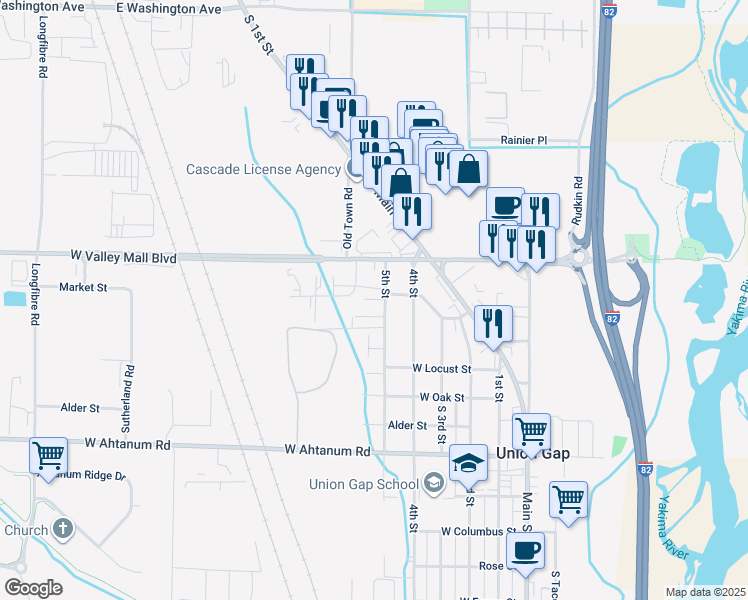 map of restaurants, bars, coffee shops, grocery stores, and more near 2744-2752 5th Street in Union Gap
