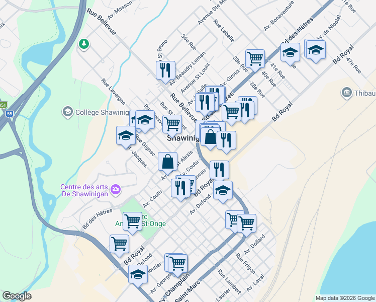 map of restaurants, bars, coffee shops, grocery stores, and more near 2775 Avenue Saint Alexis in Shawinigan
