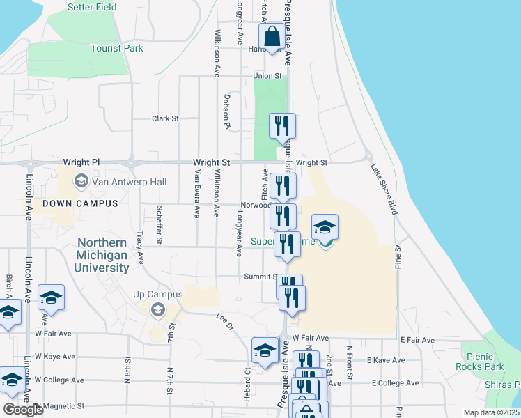map of restaurants, bars, coffee shops, grocery stores, and more near 517 Norwood Street in Marquette