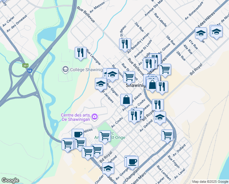 map of restaurants, bars, coffee shops, grocery stores, and more near 1965 Rue Gignac in Shawinigan