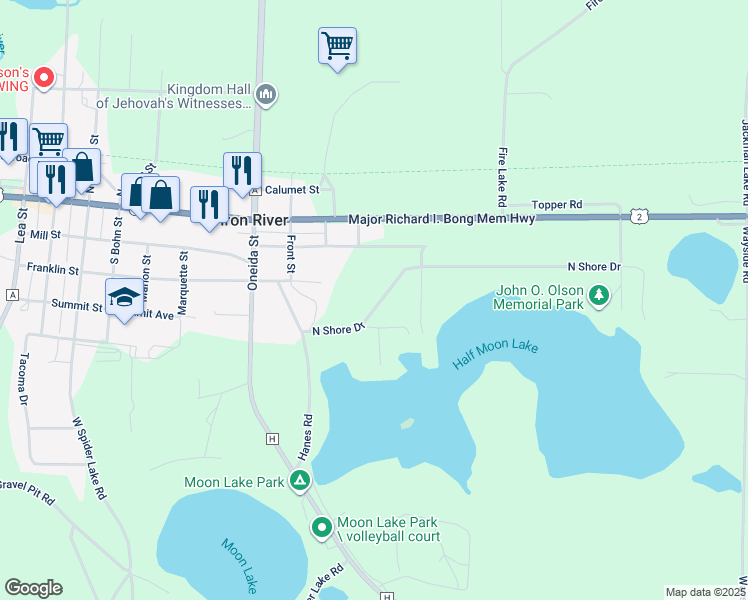 map of restaurants, bars, coffee shops, grocery stores, and more near 8335 Half Moon Drive in Iron River