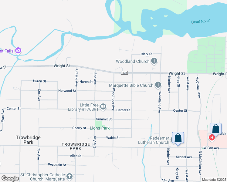 map of restaurants, bars, coffee shops, grocery stores, and more near 1701 Woodridge Avenue in Marquette