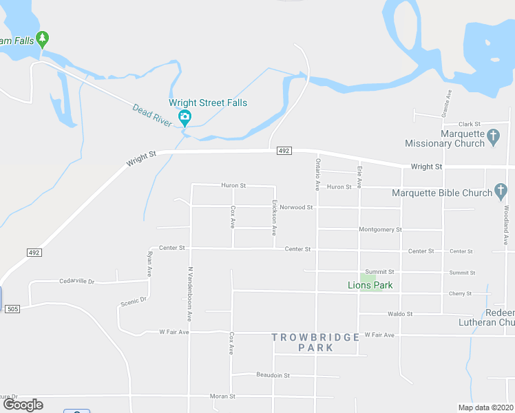 map of restaurants, bars, coffee shops, grocery stores, and more near 2443 Norwood Street in Marquette