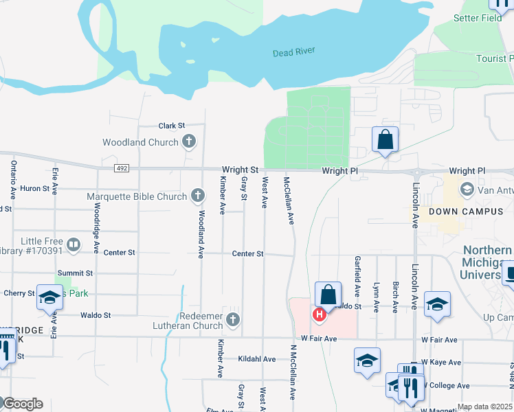 map of restaurants, bars, coffee shops, grocery stores, and more near 1701 West Ave in Marquette