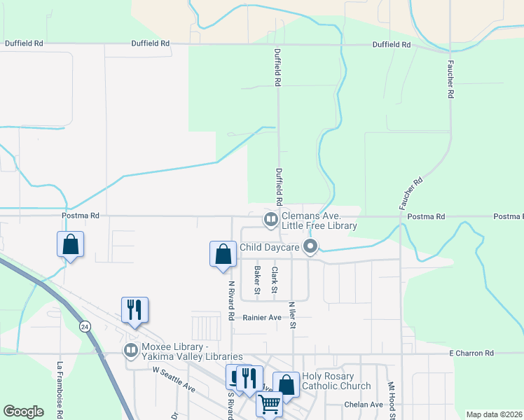 map of restaurants, bars, coffee shops, grocery stores, and more near 8711 Postma Rd in Moxee
