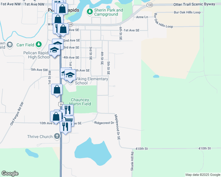map of restaurants, bars, coffee shops, grocery stores, and more near 701 5th Street Southeast in Pelican Rapids