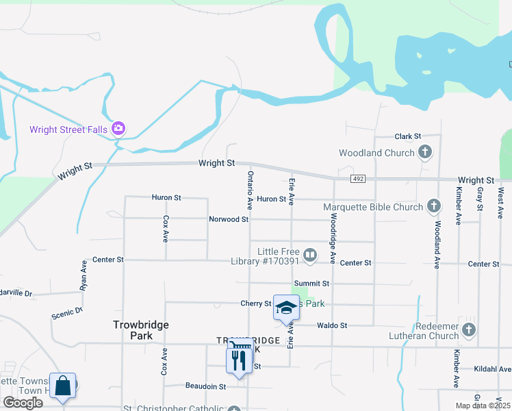 map of restaurants, bars, coffee shops, grocery stores, and more near 2201-2299 Huron Street in Marquette